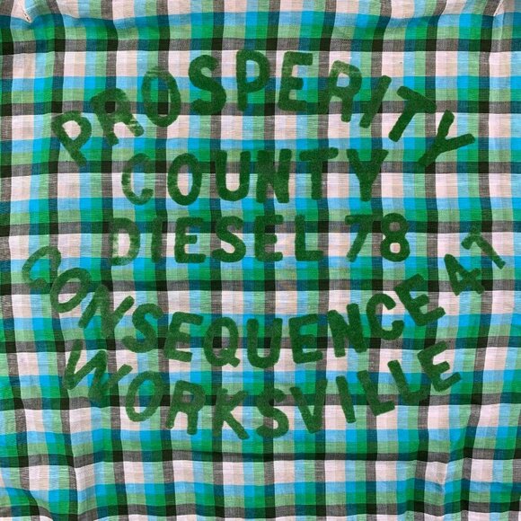 Diesel Mens Shirt XL Green Blue Plaid Button Up Linen Cotton Patches Embroidered - Picture 10 of 11